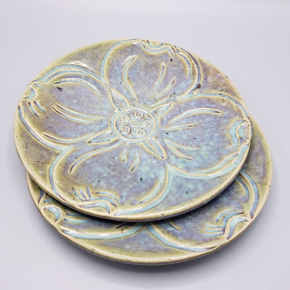 VTG 60s Pigeon Forge Pottery Art 8.25" Plates Blue Green Dogwood Ferguson Set 2